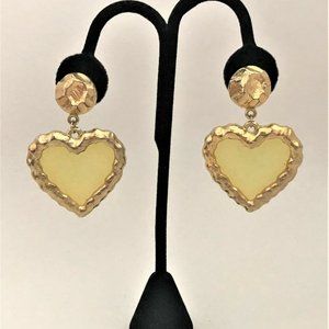 Vintage Yellow Clear Acrylic & Gold Plated Heart Dangling Clip On Earrings